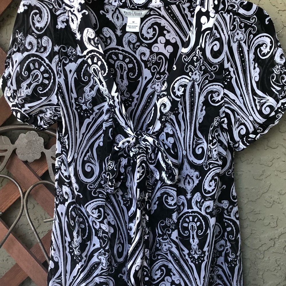 white house black market blouse bow short sleeve button down Excellent Condition